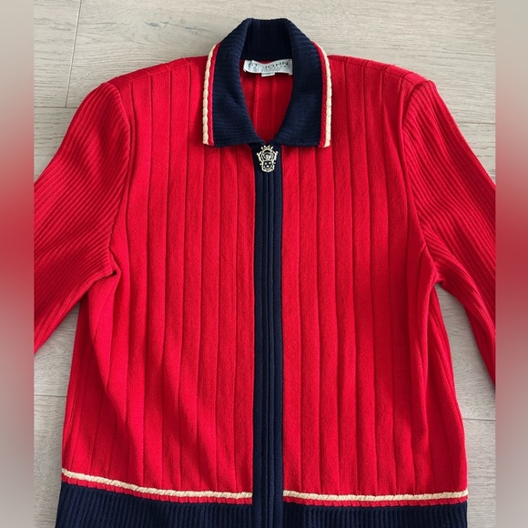 ST. JOHN by Marie Gray Red/Navy knit cardigan size 10 - Picture 2 of 8